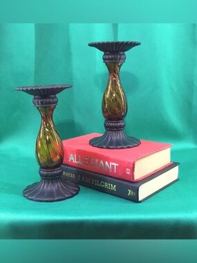 PARTYLITE Global Fusion Taper/Pillar Holder Amber Glass/Black Metal—P8722–(Pair)